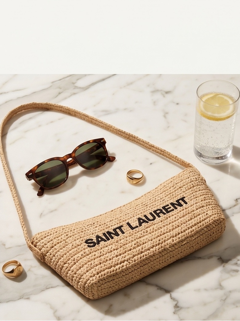 BNWT Saint Laurent Beige Raffia Pouch with Black Logo - Picture 6 of 6